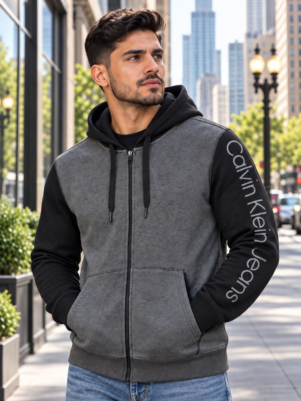 Calvin Klein Men's Lightweight Gray and Black Zip Up Sweater